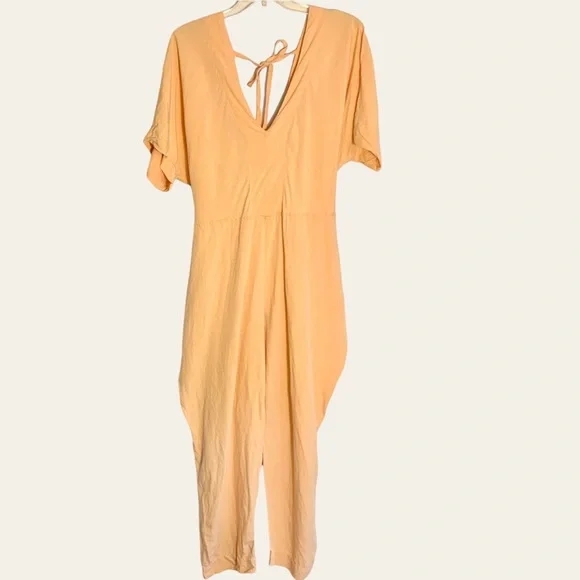 Free People Shining Sun Wrap Linen Jumpsuit Romper Playsuit Orange Cutout Sz L - Picture 7 of 12